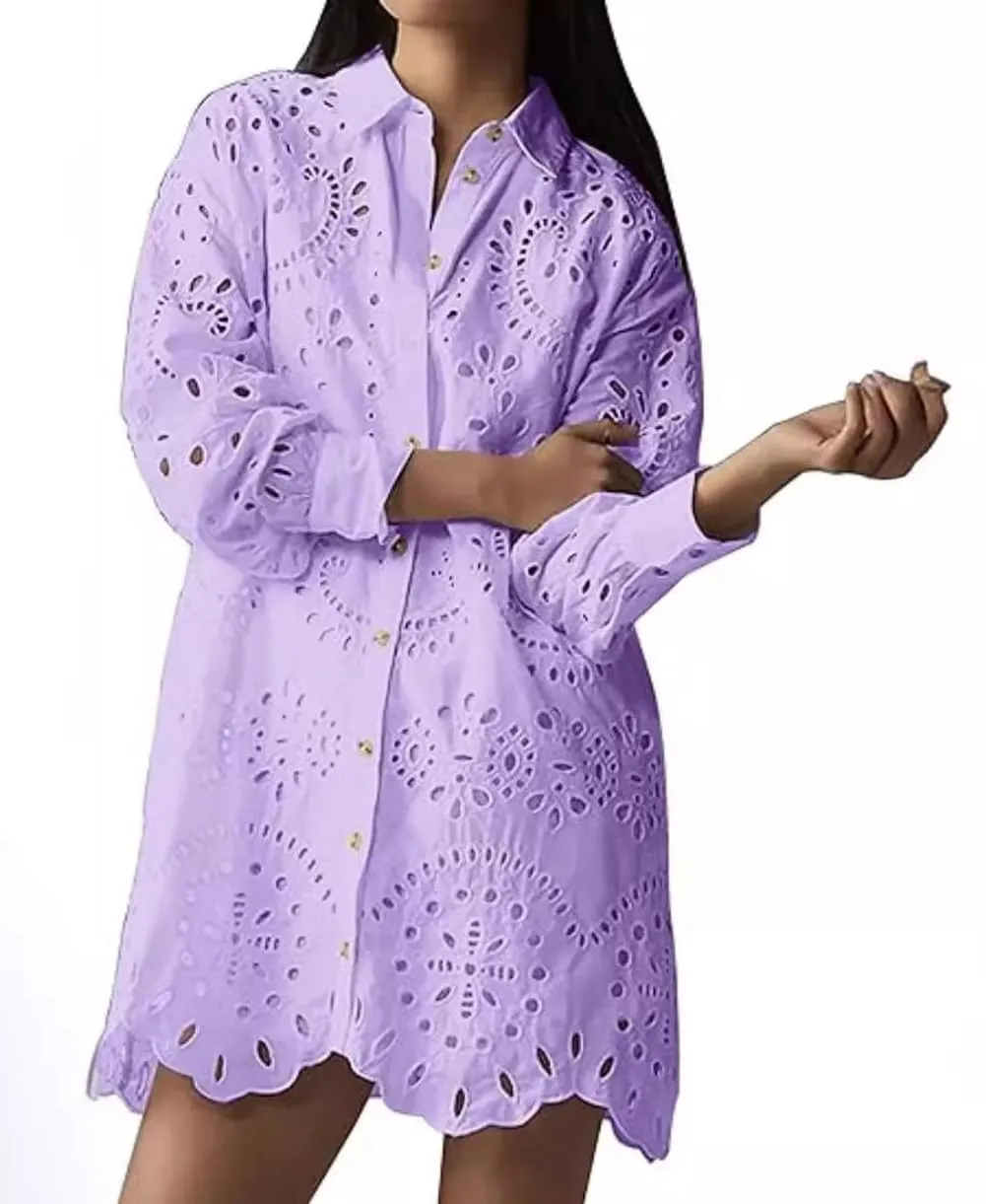 Chouyatou Women Eyelet Lace Dress Button Down Shirt Loose Fit Summer Casual Mini Dress