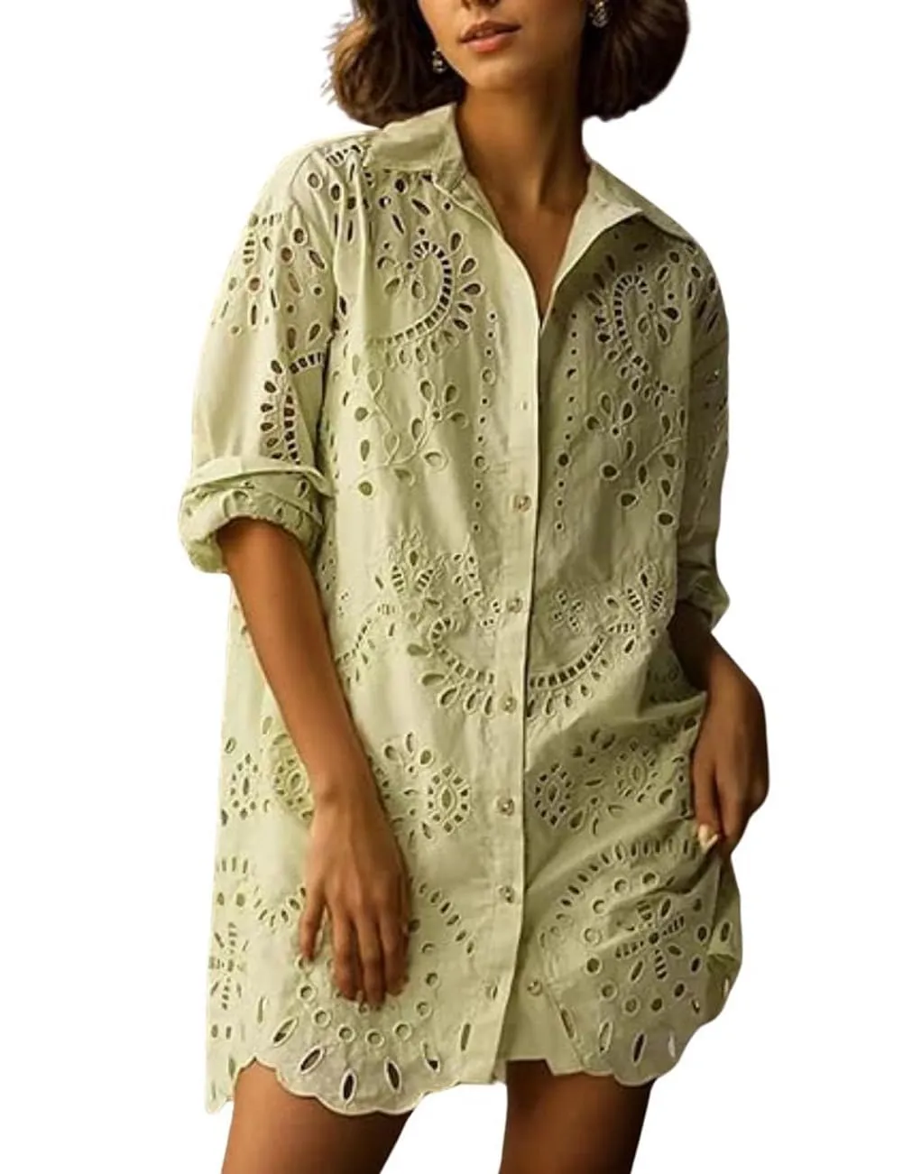 Chouyatou Women Eyelet Lace Dress Button Down Shirt Loose Fit Summer Casual Mini Dress