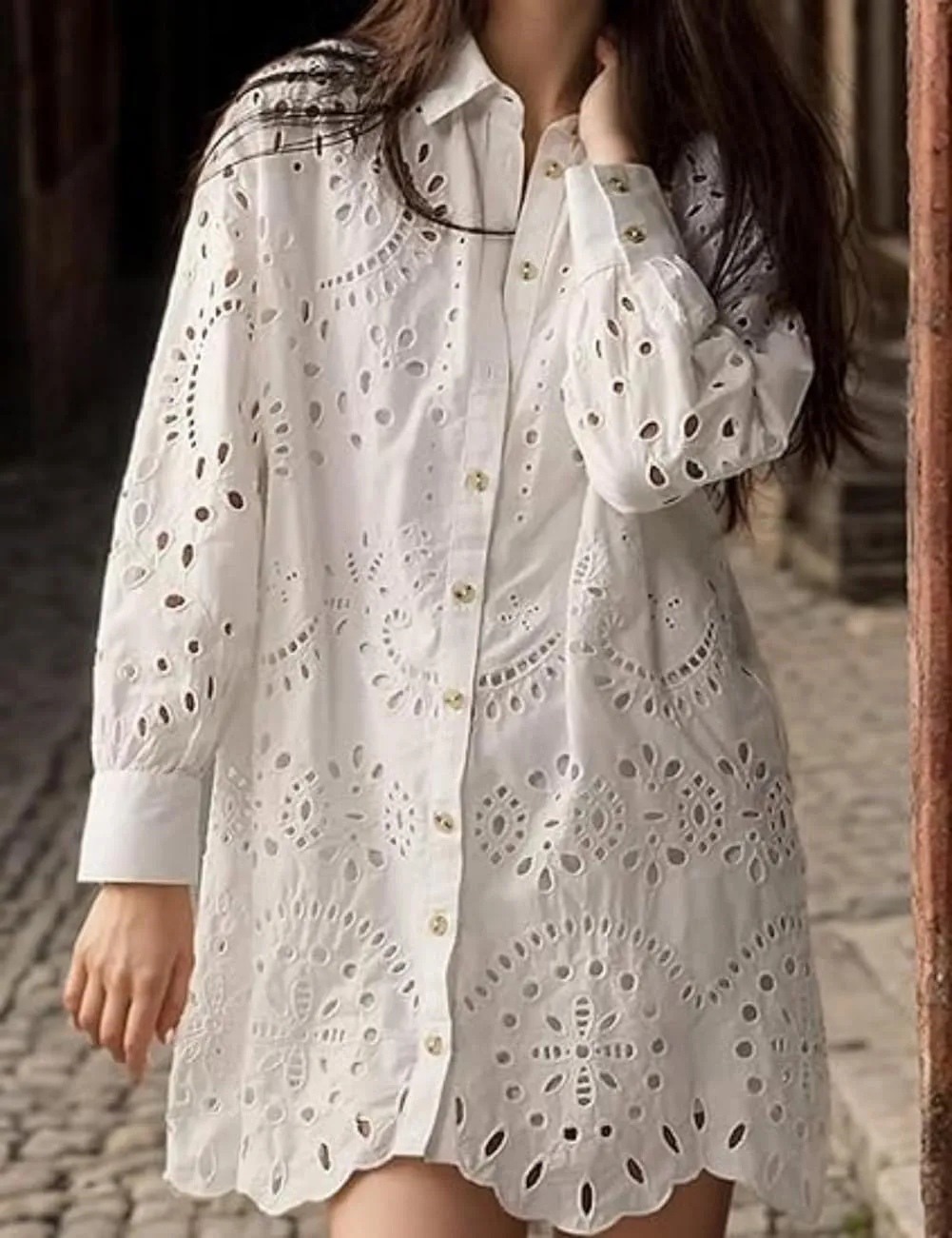 Chouyatou Women Eyelet Lace Dress Button Down Shirt Loose Fit Summer Casual Mini Dress