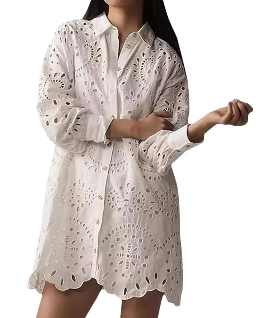 Chouyatou Women Eyelet Lace Dress Button Down Shirt Loose Fit Summer Casual Mini Dress