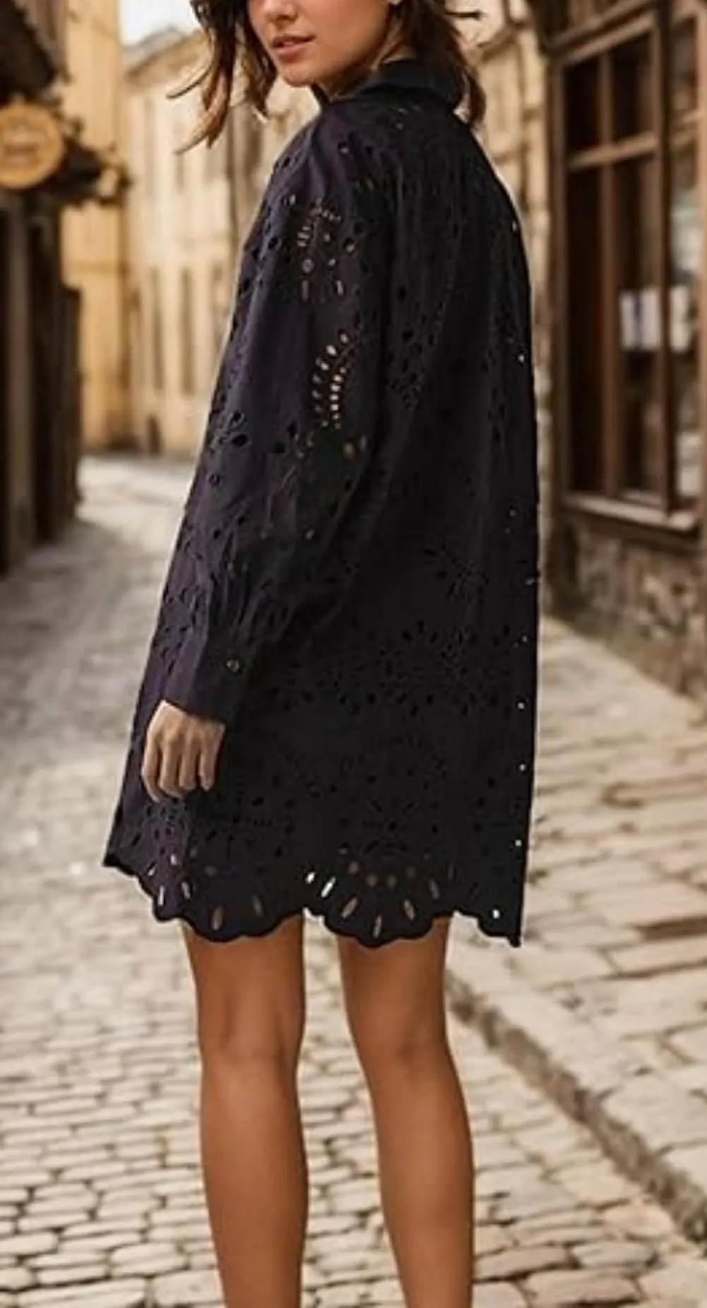 Chouyatou Women Eyelet Lace Dress Button Down Shirt Loose Fit Summer Casual Mini Dress