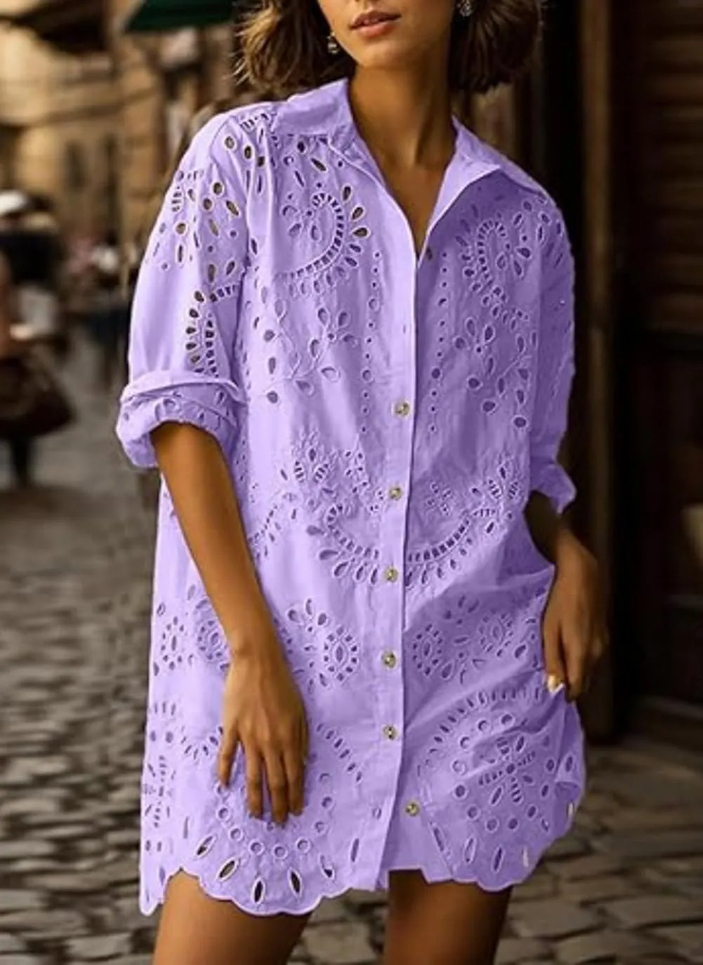 Chouyatou Women Eyelet Lace Dress Button Down Shirt Loose Fit Summer Casual Mini Dress