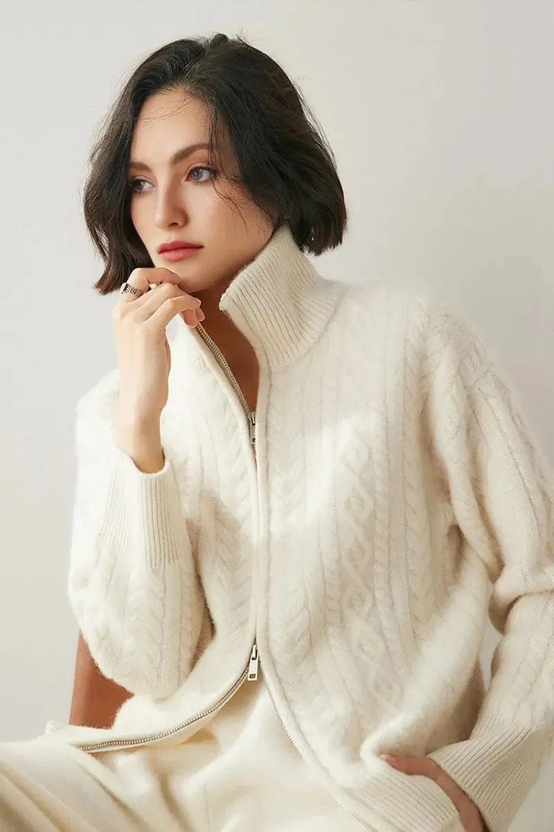 Chunky 100 Cashmere Cable-Knit Double-Zip Cardigan