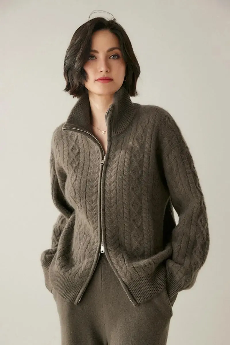 Chunky 100 Cashmere Cable-Knit Double-Zip Cardigan