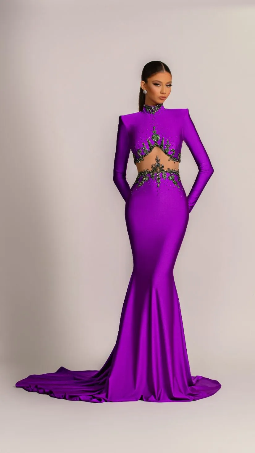 Clarissa High Neck Long Sleeves BeautiFul Purple Evening Dress