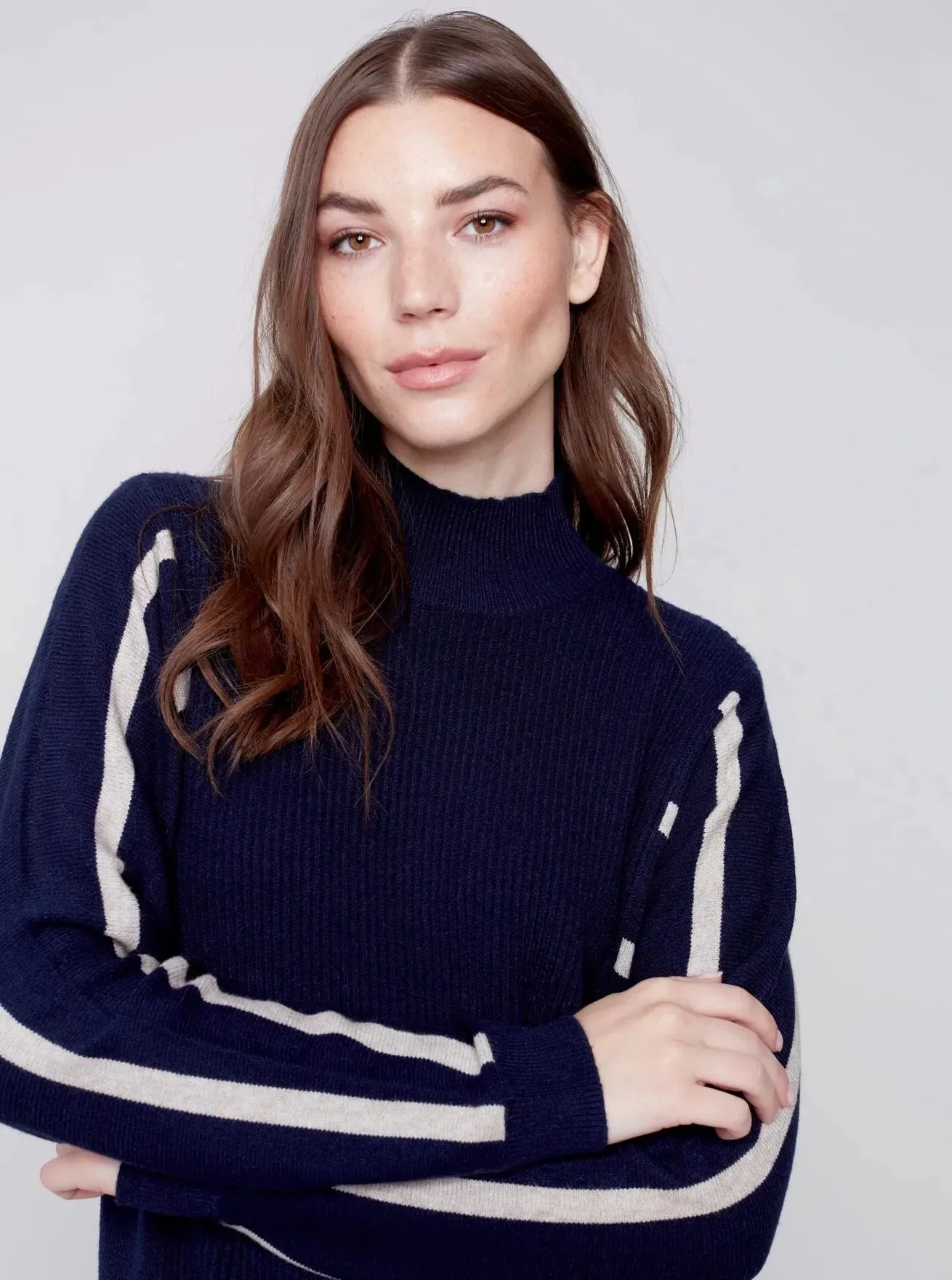 Cowl Dolman Sleeve Stripe Combo [Navy-C2593]