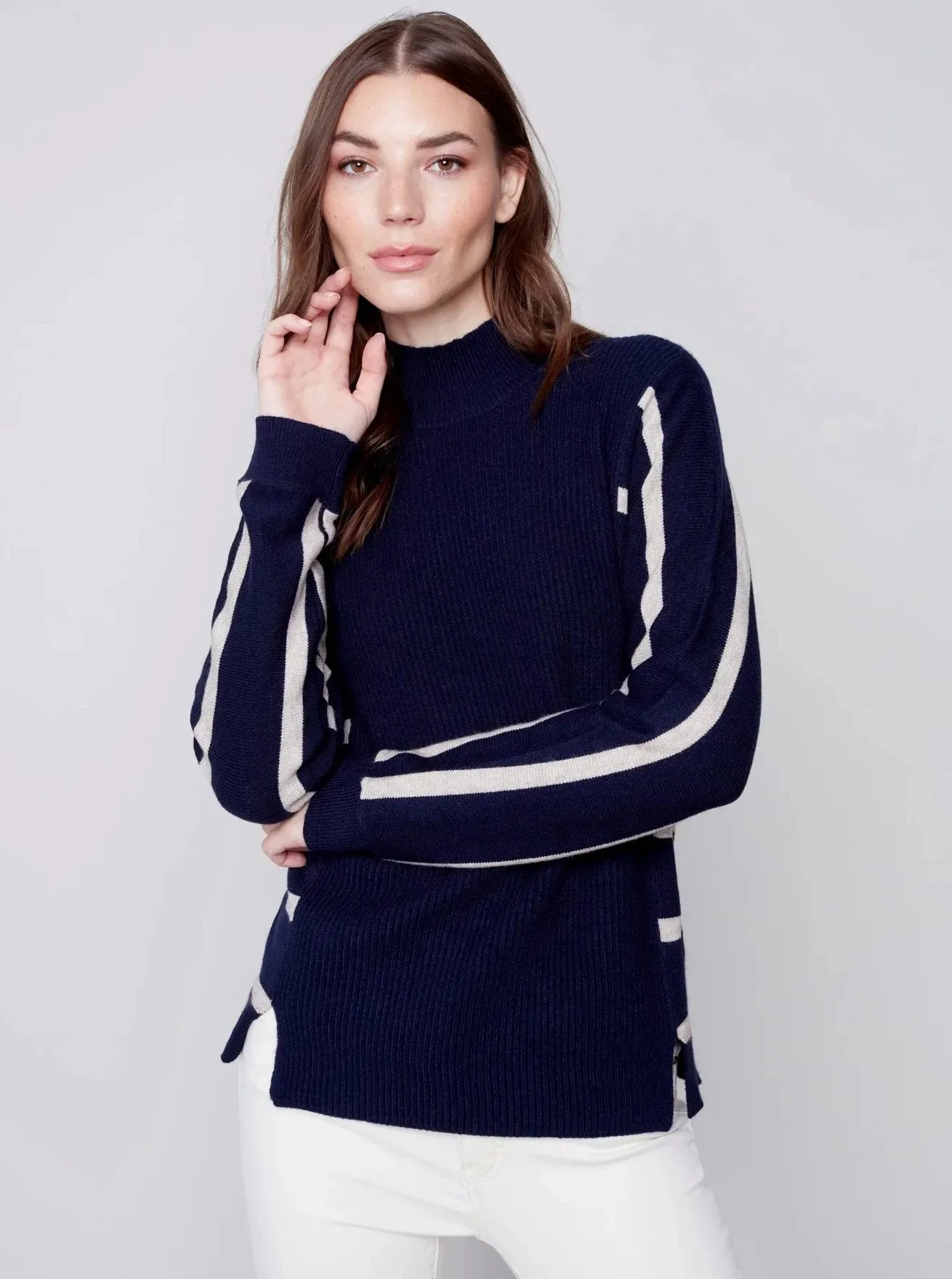 Cowl Dolman Sleeve Stripe Combo [Navy-C2593]
