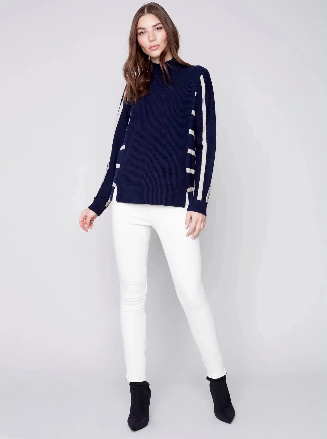 Cowl Dolman Sleeve Stripe Combo [Navy-C2593]