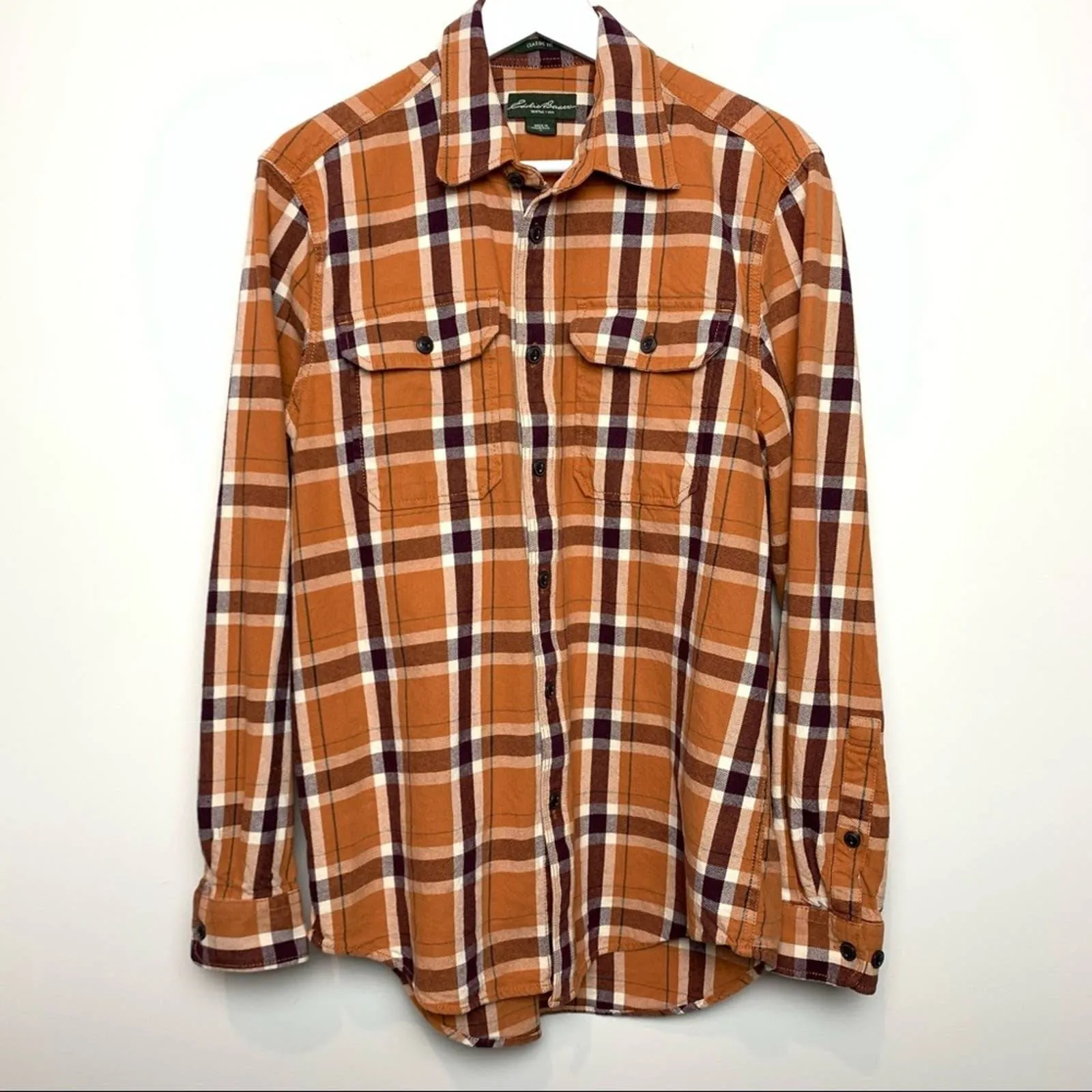 Eddie Bauer Plaid Flannel Shirt Jacket Shacket Medium Orange Maroon