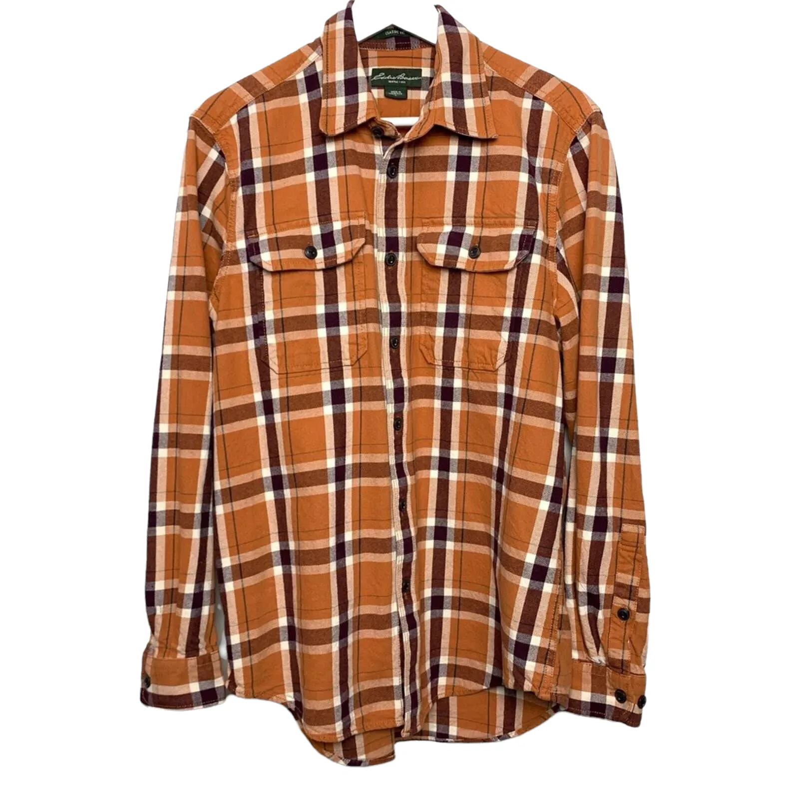 Eddie Bauer Plaid Flannel Shirt Jacket Shacket Medium Orange Maroon