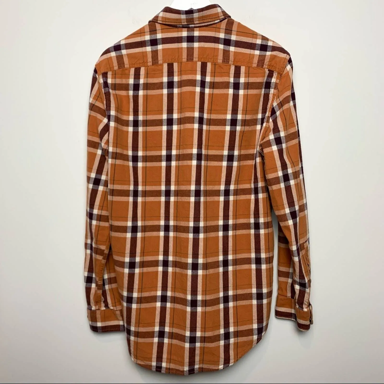 Eddie Bauer Plaid Flannel Shirt Jacket Shacket Medium Orange Maroon