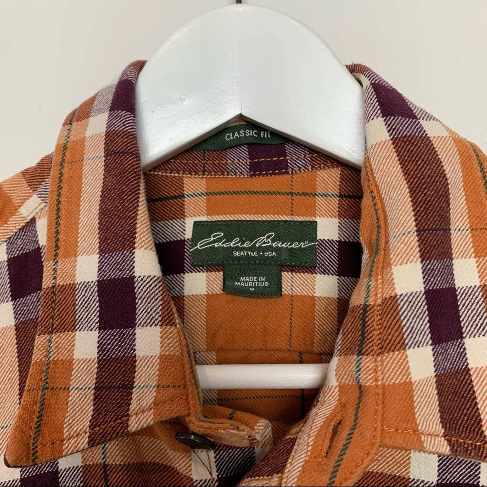 Eddie Bauer Plaid Flannel Shirt Jacket Shacket Medium Orange Maroon