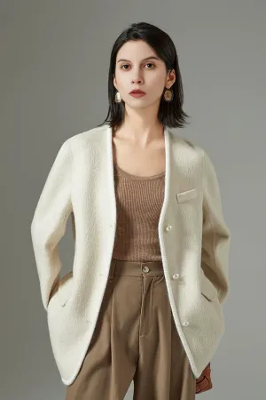 Elegant Camel Hair-Silk-Wool Blend V-Neck Trimmed Blazer