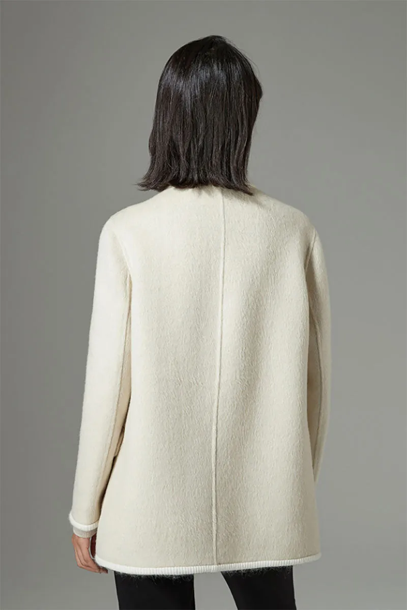 Elegant Camel Hair-Silk-Wool Blend V-Neck Trimmed Blazer