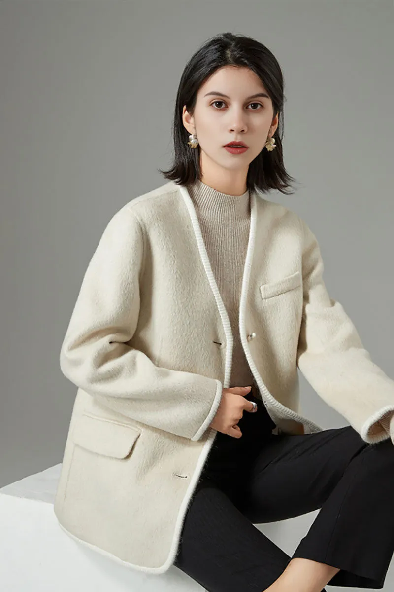 Elegant Camel Hair-Silk-Wool Blend V-Neck Trimmed Blazer