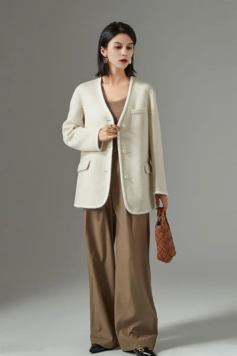 Elegant Camel Hair-Silk-Wool Blend V-Neck Trimmed Blazer