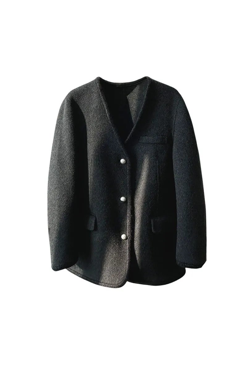 Elegant Camel Hair-Silk-Wool Blend V-Neck Trimmed Blazer