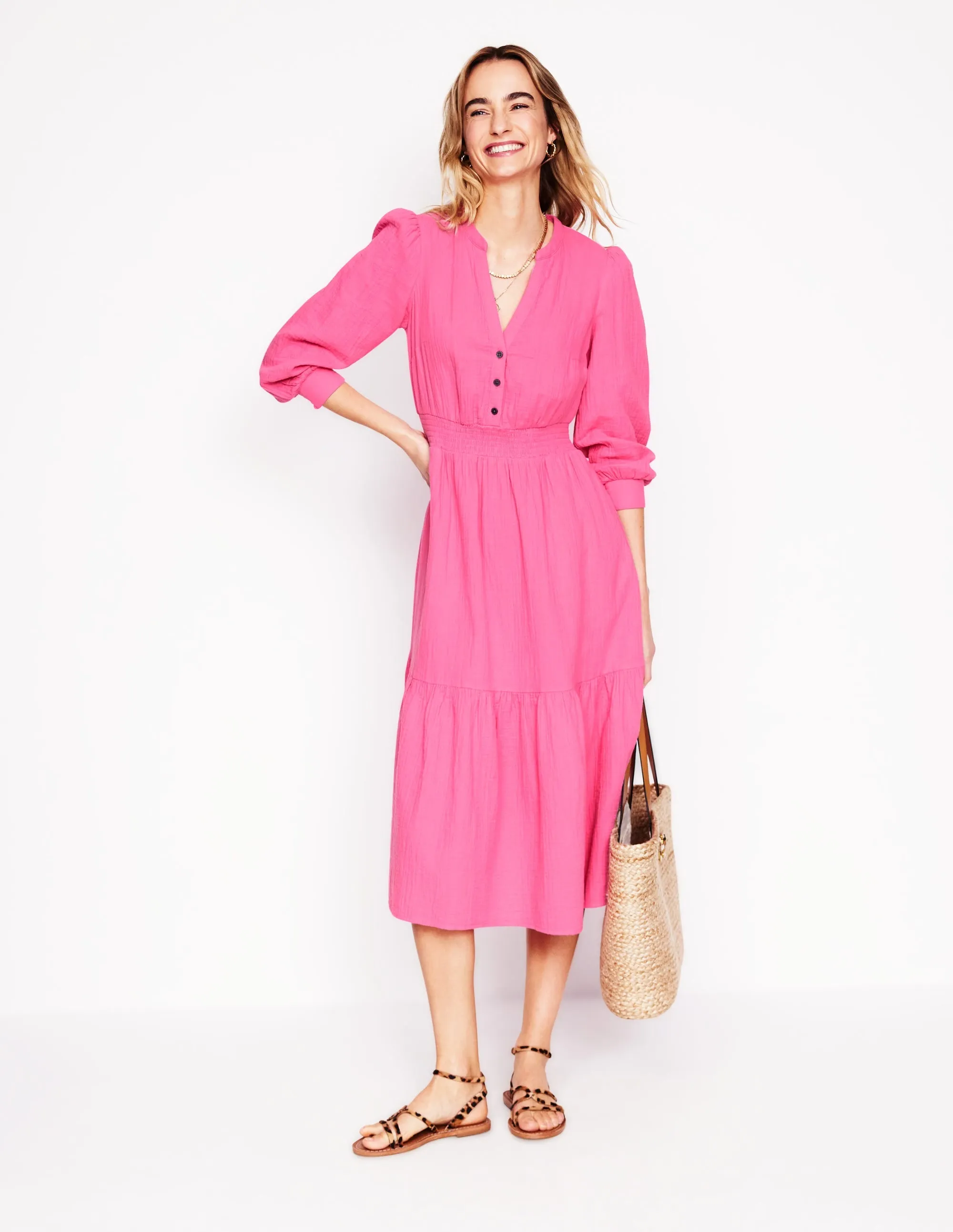 Elena Double Cloth Midi Dress-Sorbet Pink