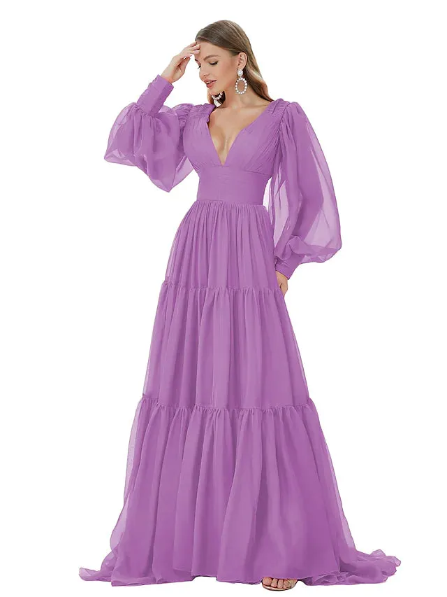 Evening Gown Sexy Dress Party Wear  Long Sleeve V Neck Chiffon with Ruched