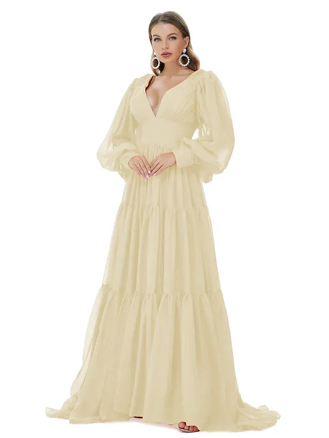 Evening Gown Sexy Dress Party Wear  Long Sleeve V Neck Chiffon with Ruched