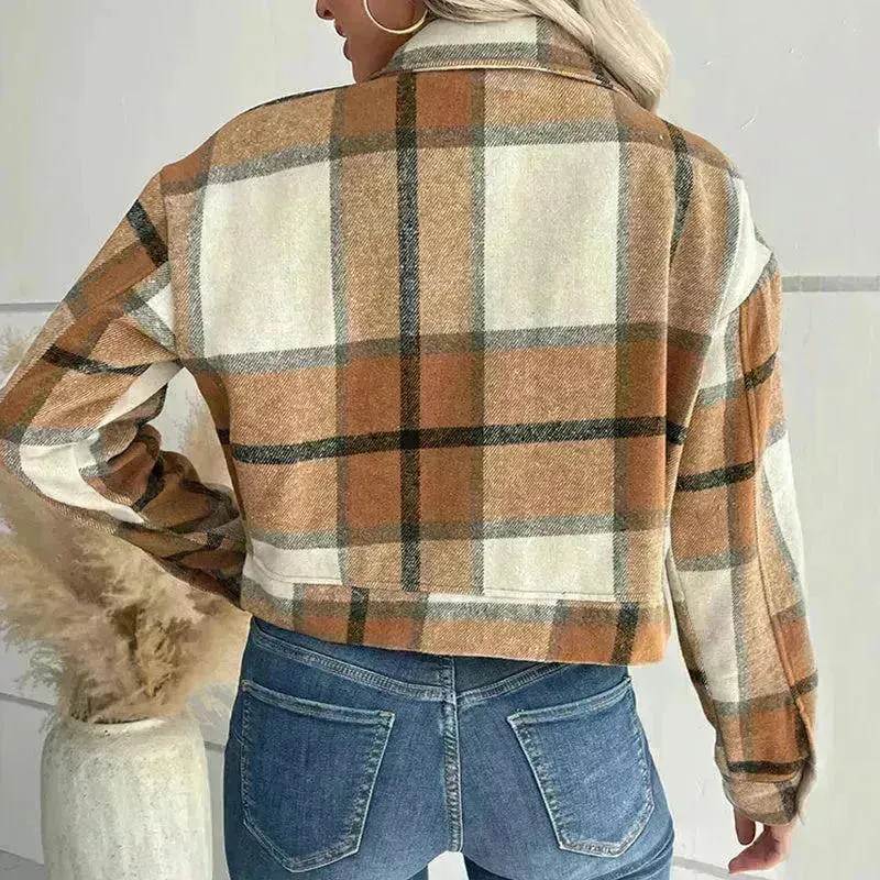 Fashion Oversized Plaid Lapel Cropped Jacket  outwear top for women