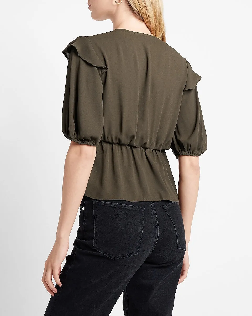Faux Wrap Puff Sleeve Peplum Top in Olive Green