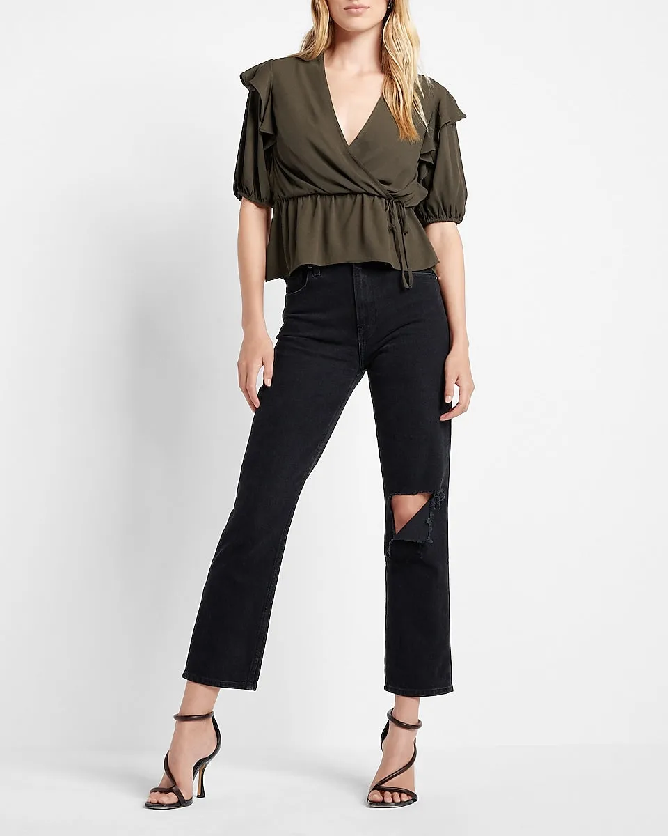 Faux Wrap Puff Sleeve Peplum Top in Olive Green