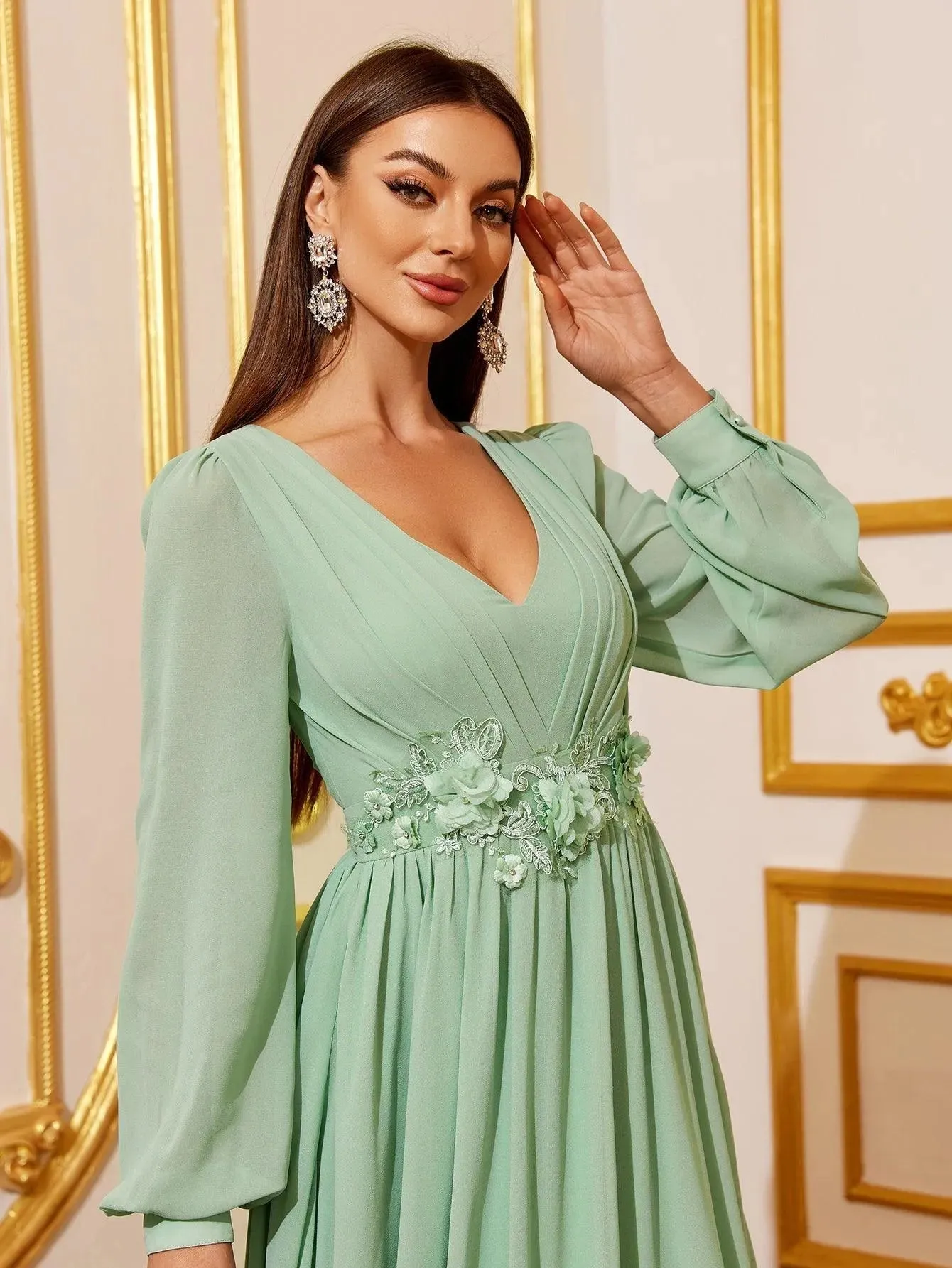 Floral Applique Lantern Sleeve Chiffon Formal Dress
