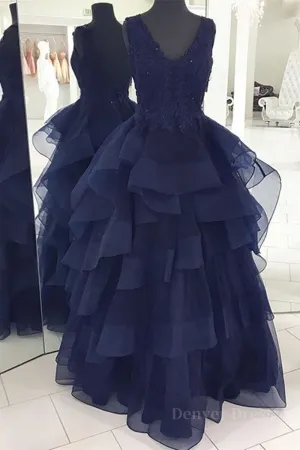 Fluffy V Neck Backless Navy Blue Lace Long Prom Dress Open Back Navy Blue Lace Formal Dress Navy Blue Lace Evening Dress Ball Gown