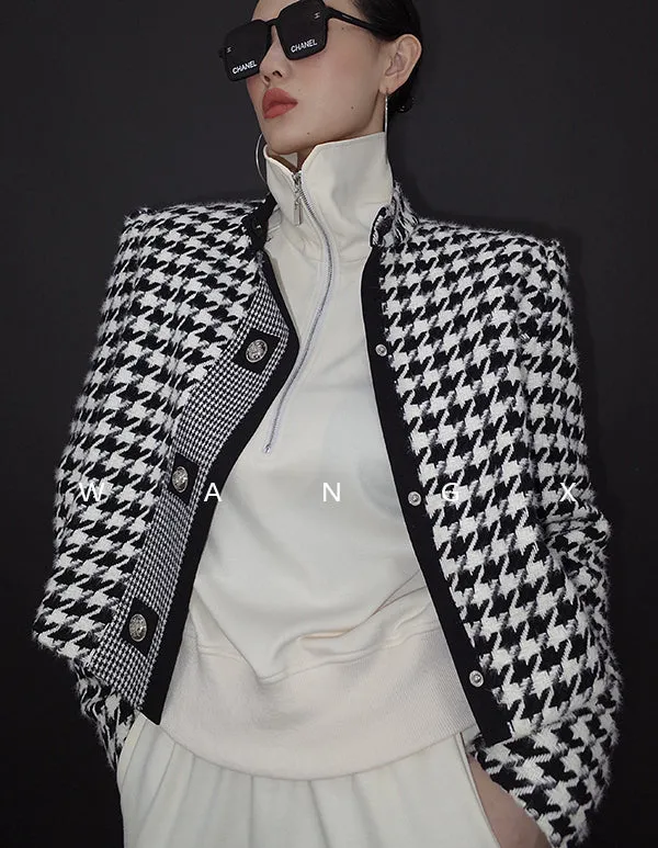 High end stand collar woolen classic houndstooth top coat jacket blazer - Setti