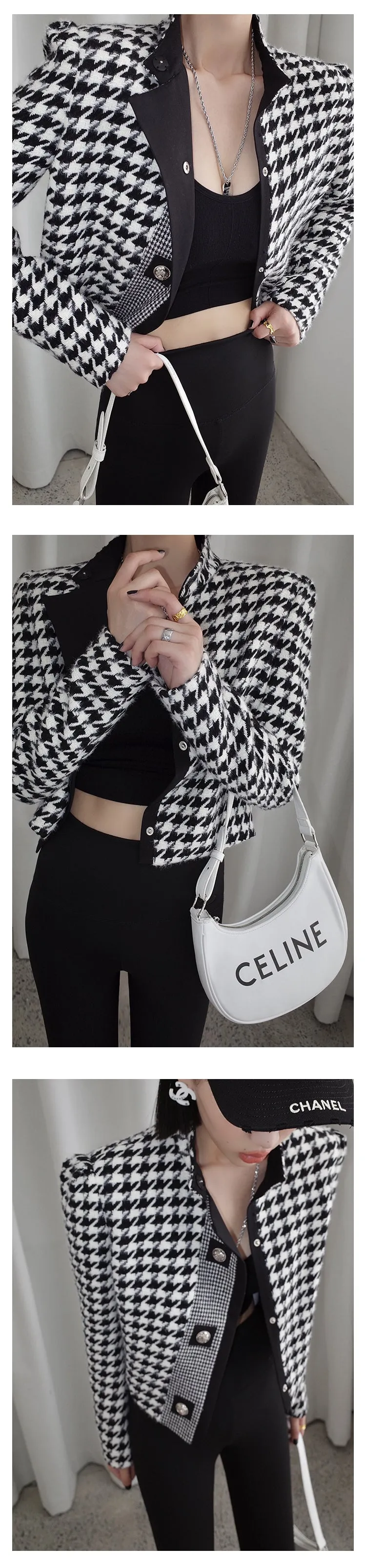 High end stand collar woolen classic houndstooth top coat jacket blazer - Setti