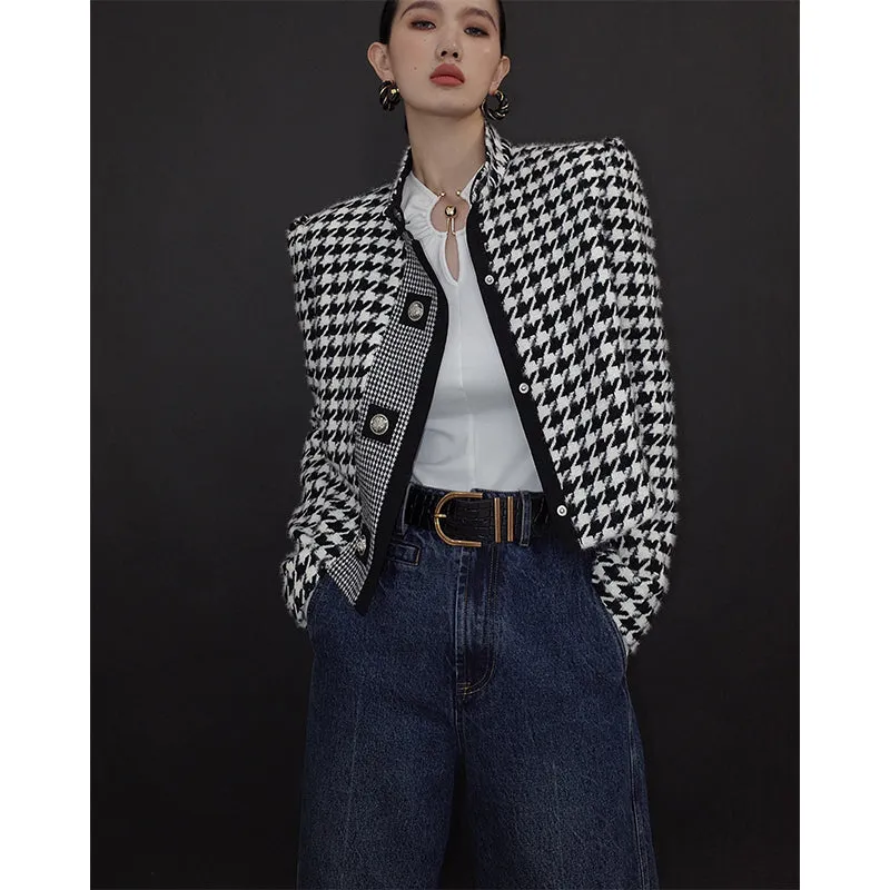 High end stand collar woolen classic houndstooth top coat jacket blazer - Setti