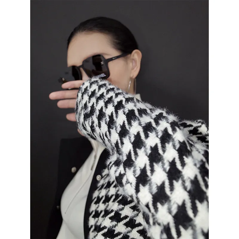 High end stand collar woolen classic houndstooth top coat jacket blazer - Setti