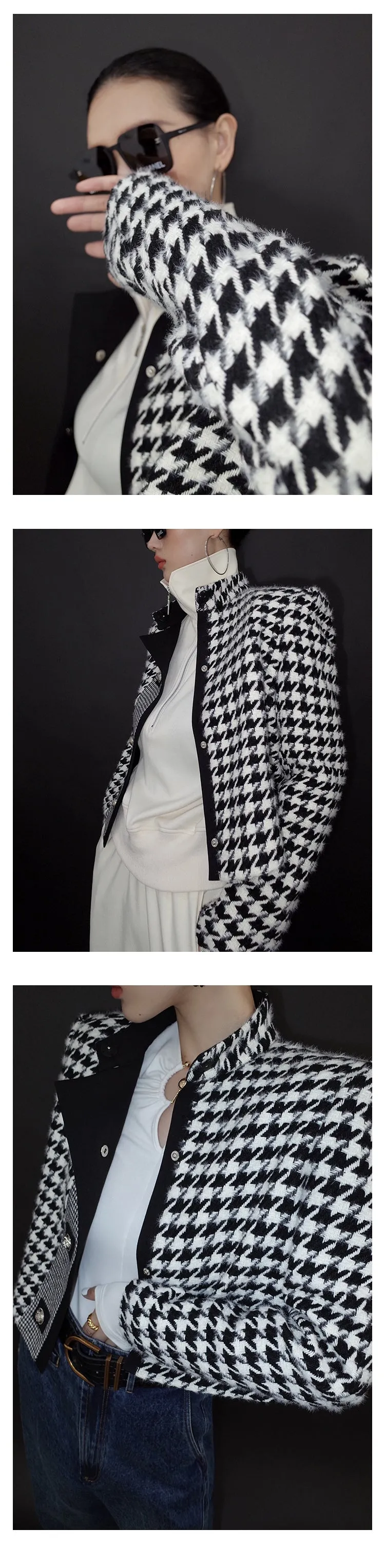 High end stand collar woolen classic houndstooth top coat jacket blazer - Setti