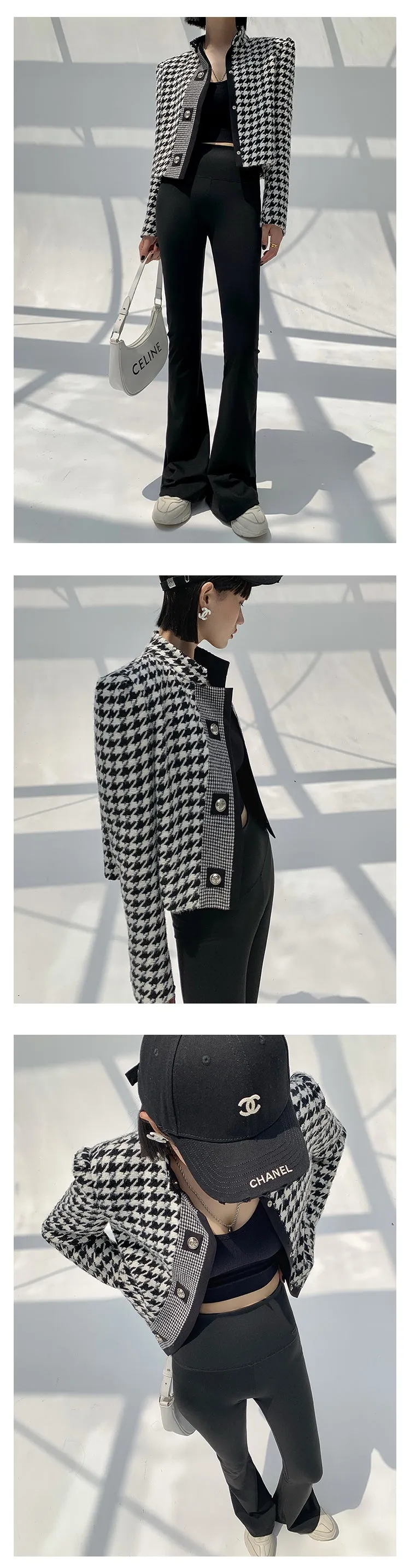 High end stand collar woolen classic houndstooth top coat jacket blazer - Setti