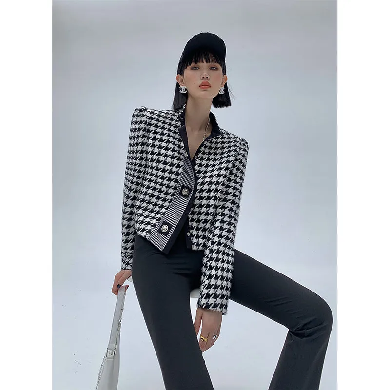High end stand collar woolen classic houndstooth top coat jacket blazer - Setti