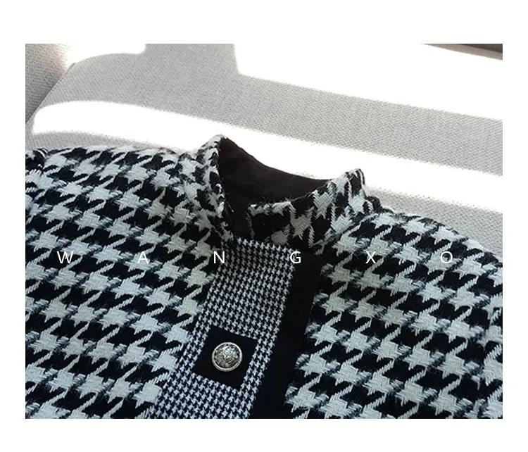 High end stand collar woolen classic houndstooth top coat jacket blazer - Setti