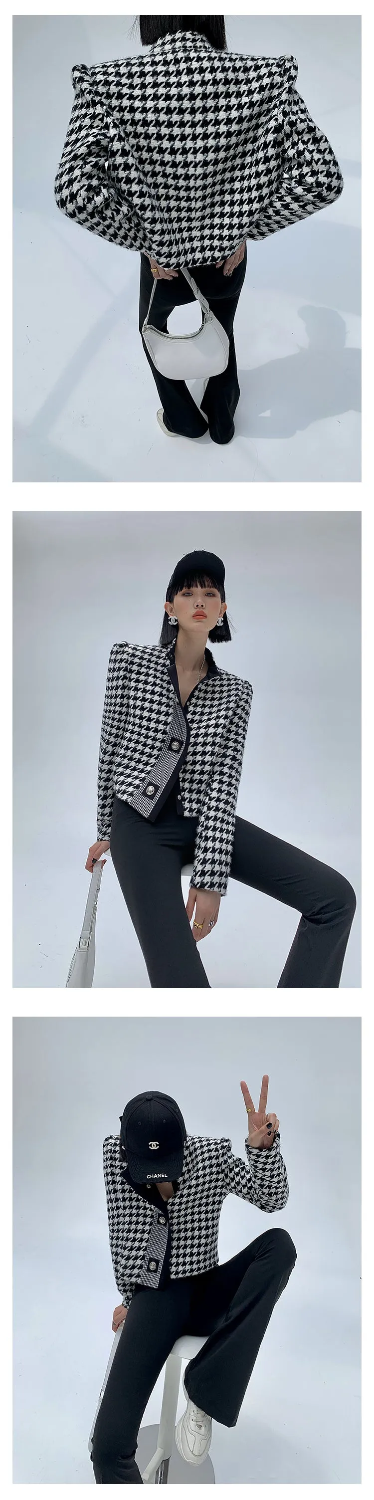 High end stand collar woolen classic houndstooth top coat jacket blazer - Setti