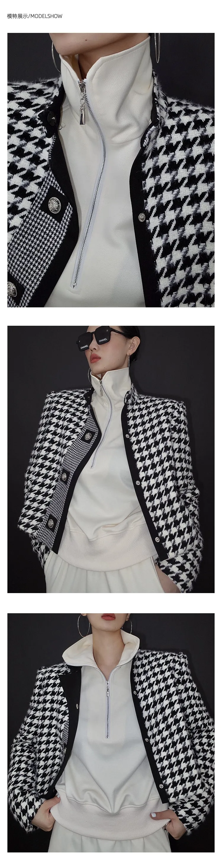 High end stand collar woolen classic houndstooth top coat jacket blazer - Setti
