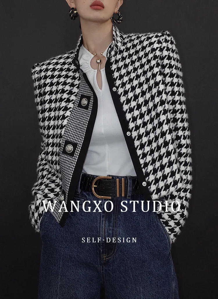 High end stand collar woolen classic houndstooth top coat jacket blazer - Setti