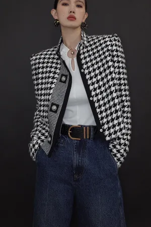 High end stand collar woolen classic houndstooth top coat jacket blazer - Setti