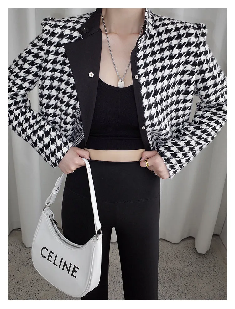 High end stand collar woolen classic houndstooth top coat jacket blazer - Setti