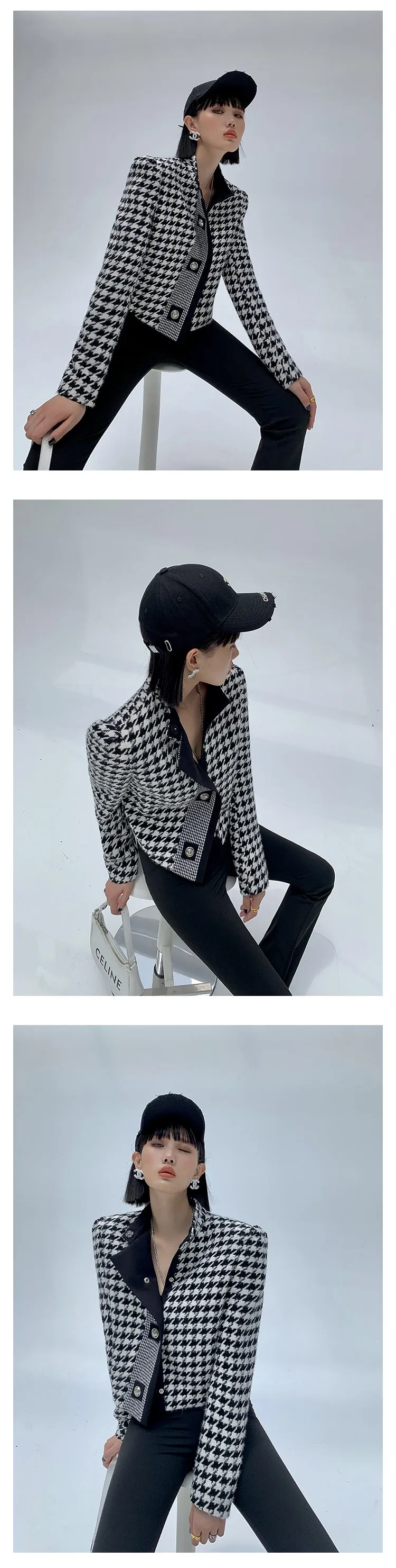 High end stand collar woolen classic houndstooth top coat jacket blazer - Setti