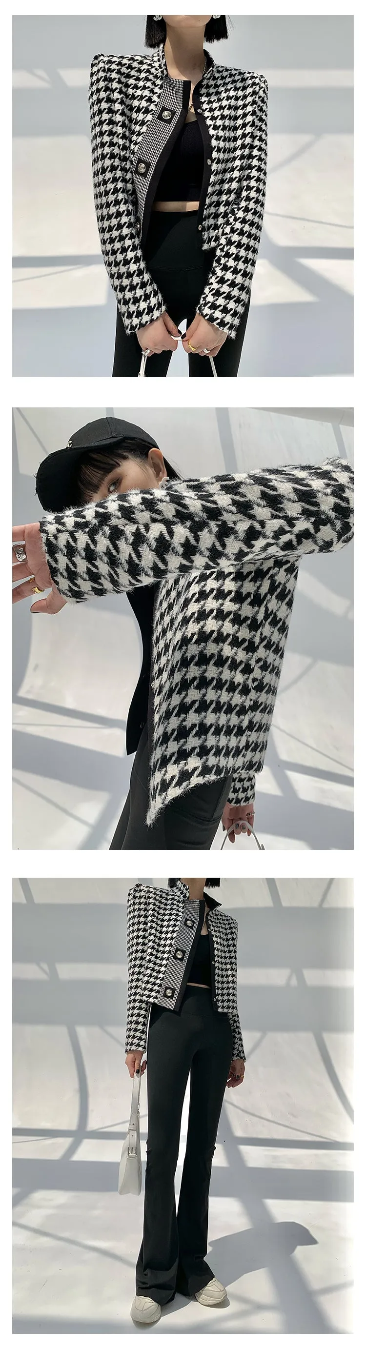 High end stand collar woolen classic houndstooth top coat jacket blazer - Setti