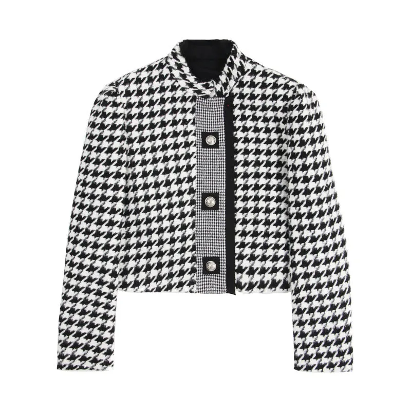 High end stand collar woolen classic houndstooth top coat jacket blazer - Setti