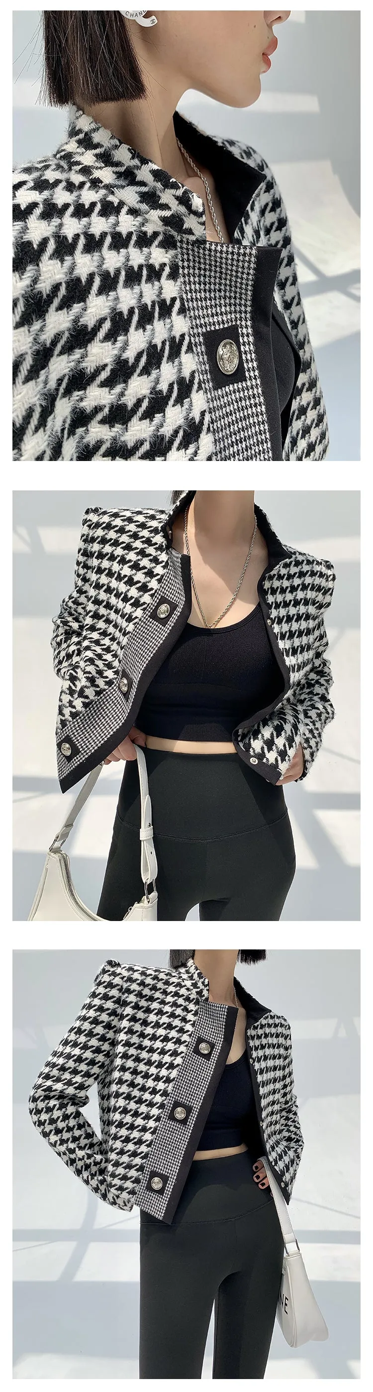 High end stand collar woolen classic houndstooth top coat jacket blazer - Setti