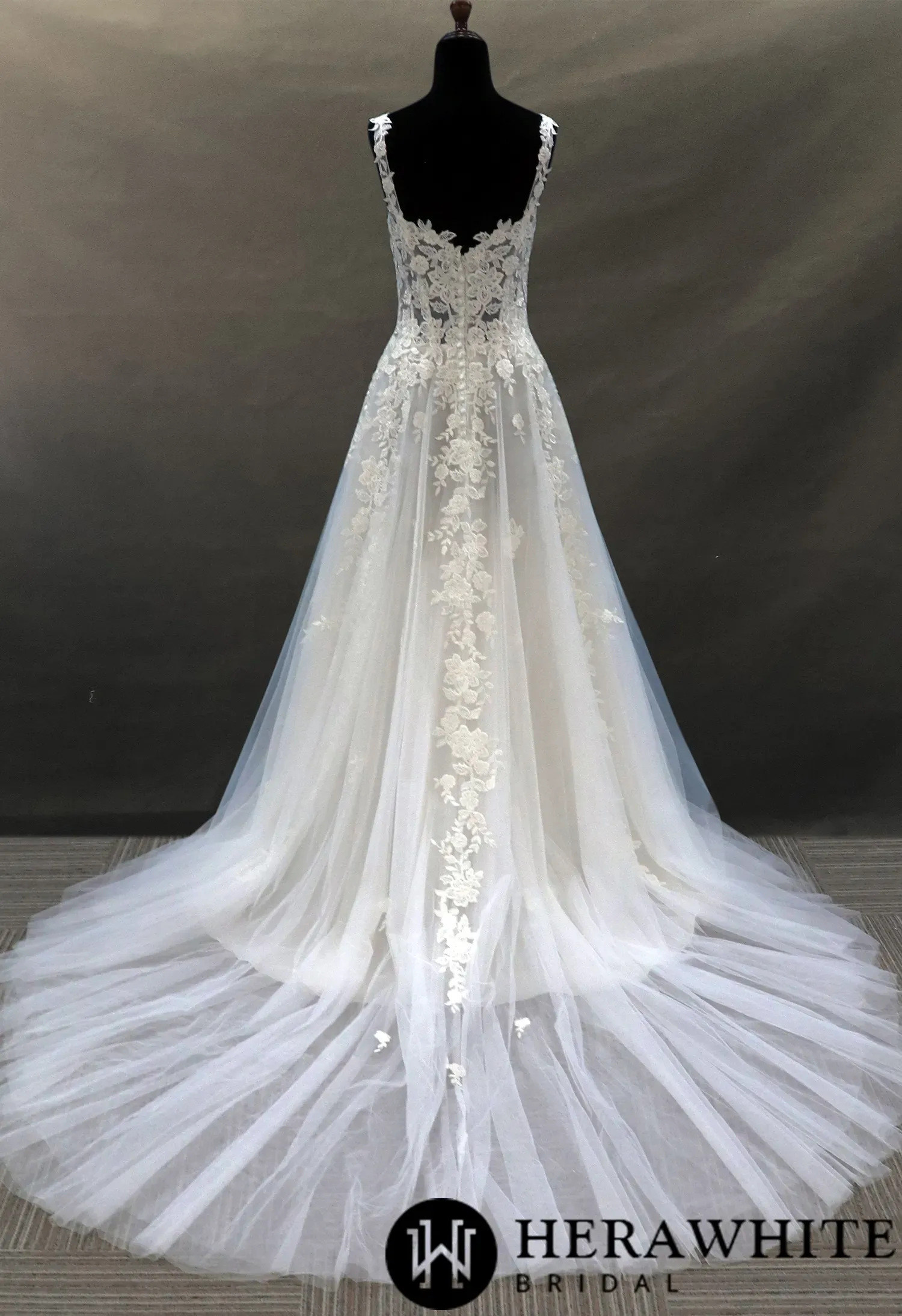 Illusion Beaded Tulle Bridal Gown With Floral Lace