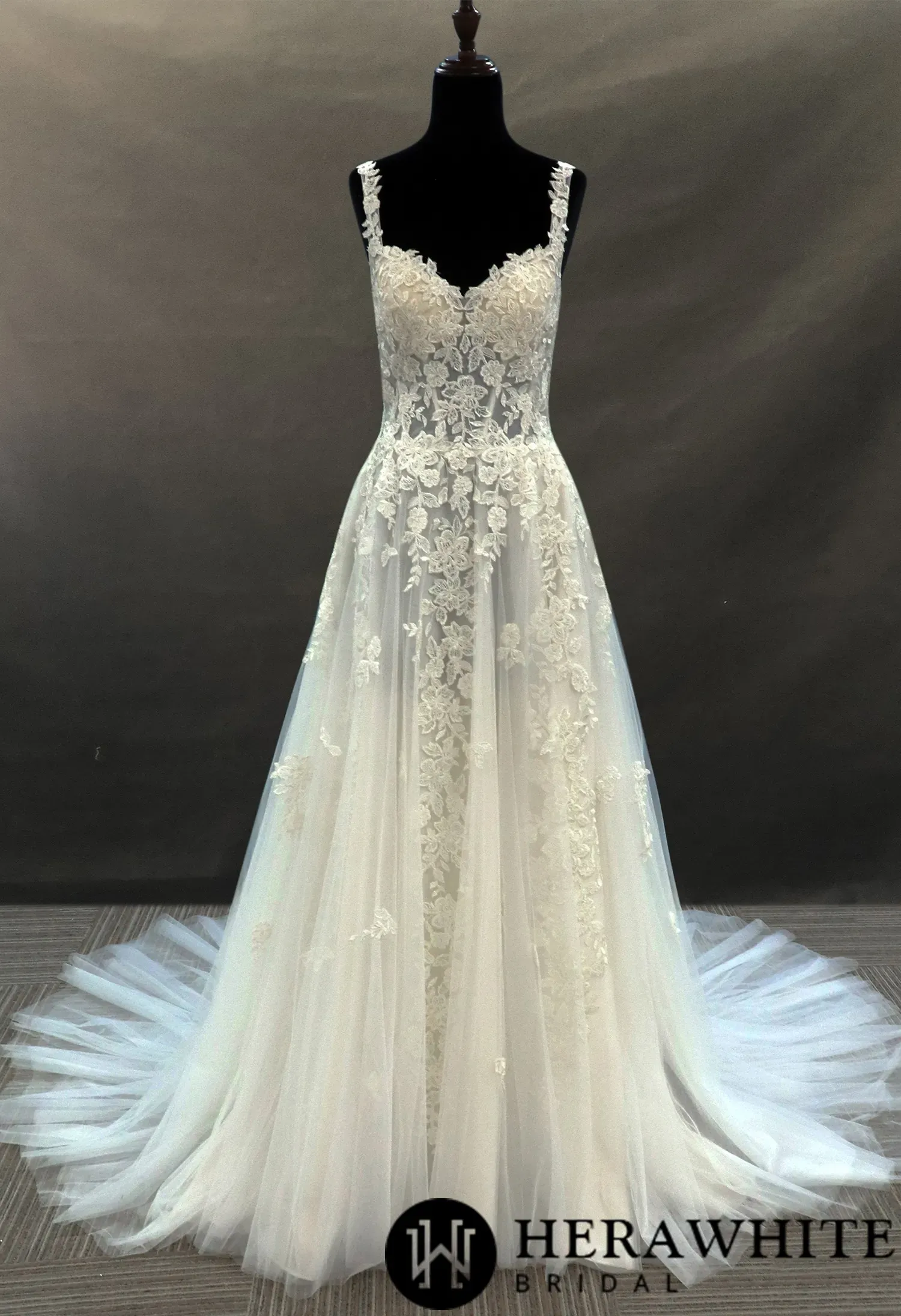Illusion Beaded Tulle Bridal Gown With Floral Lace