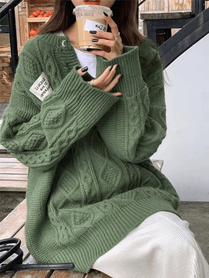 Joskaa Oversized V Neck Cable Knit Sweater