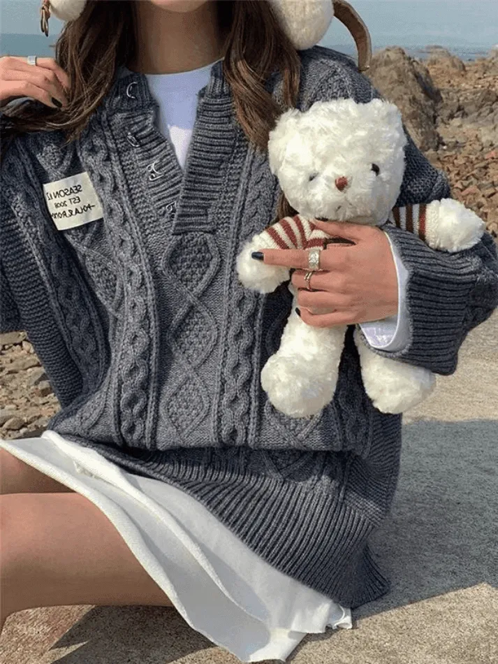 Joskaa Oversized V Neck Cable Knit Sweater